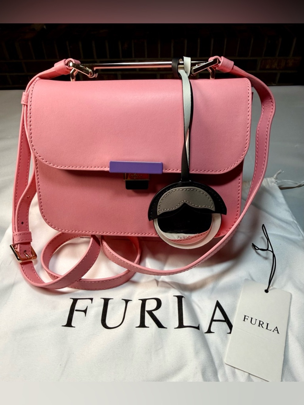 NWT Furla Pink Leather Top-Handle Crossbody with Charm and Furla dustbag